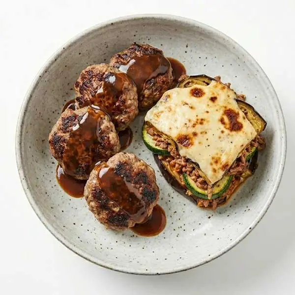 Frikadelle Beef Burger Bowl with Aubergine & Zucchini Moussaka